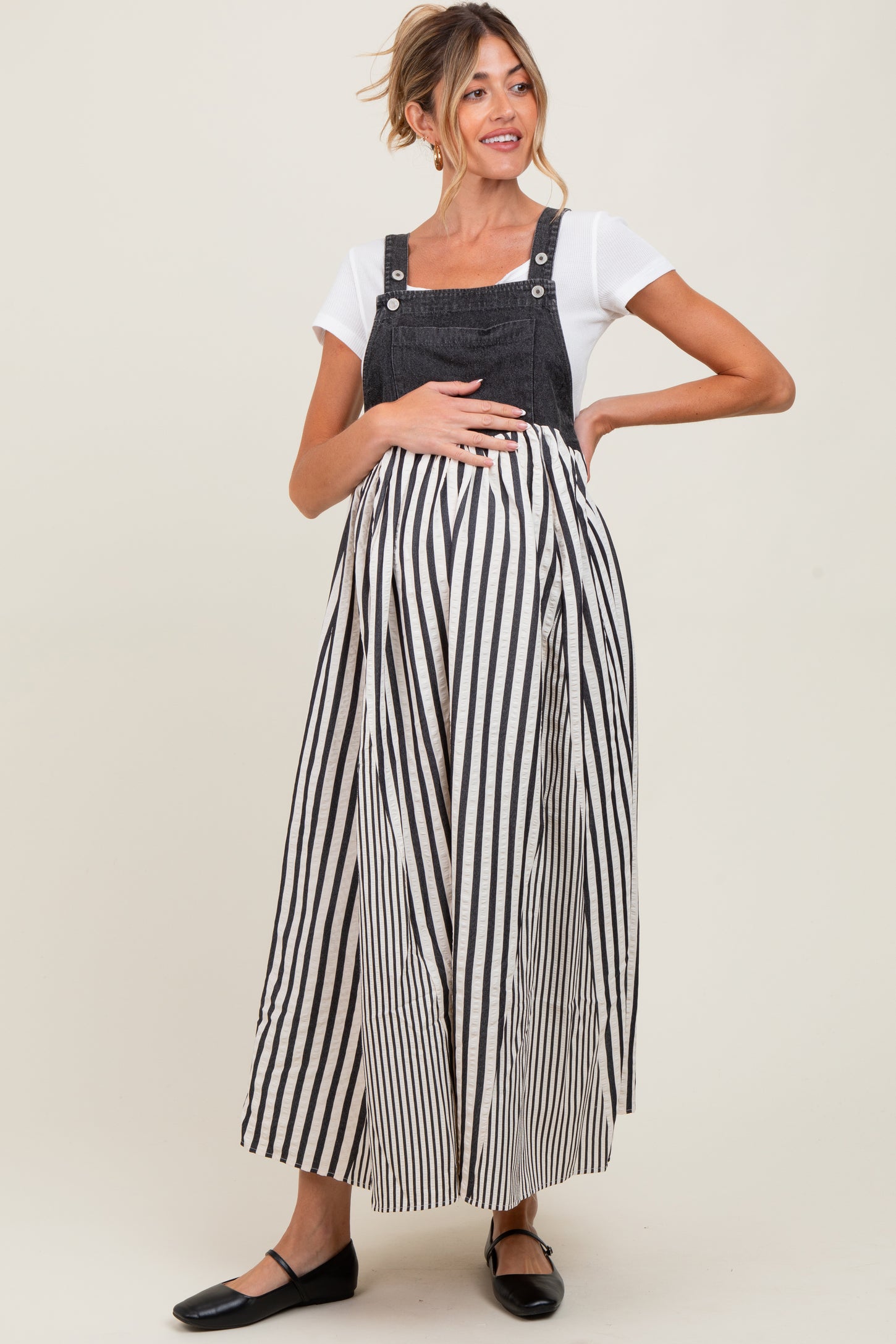 Charcoal Striped Colorblock Denim Contrast Maternity Maxi Dress