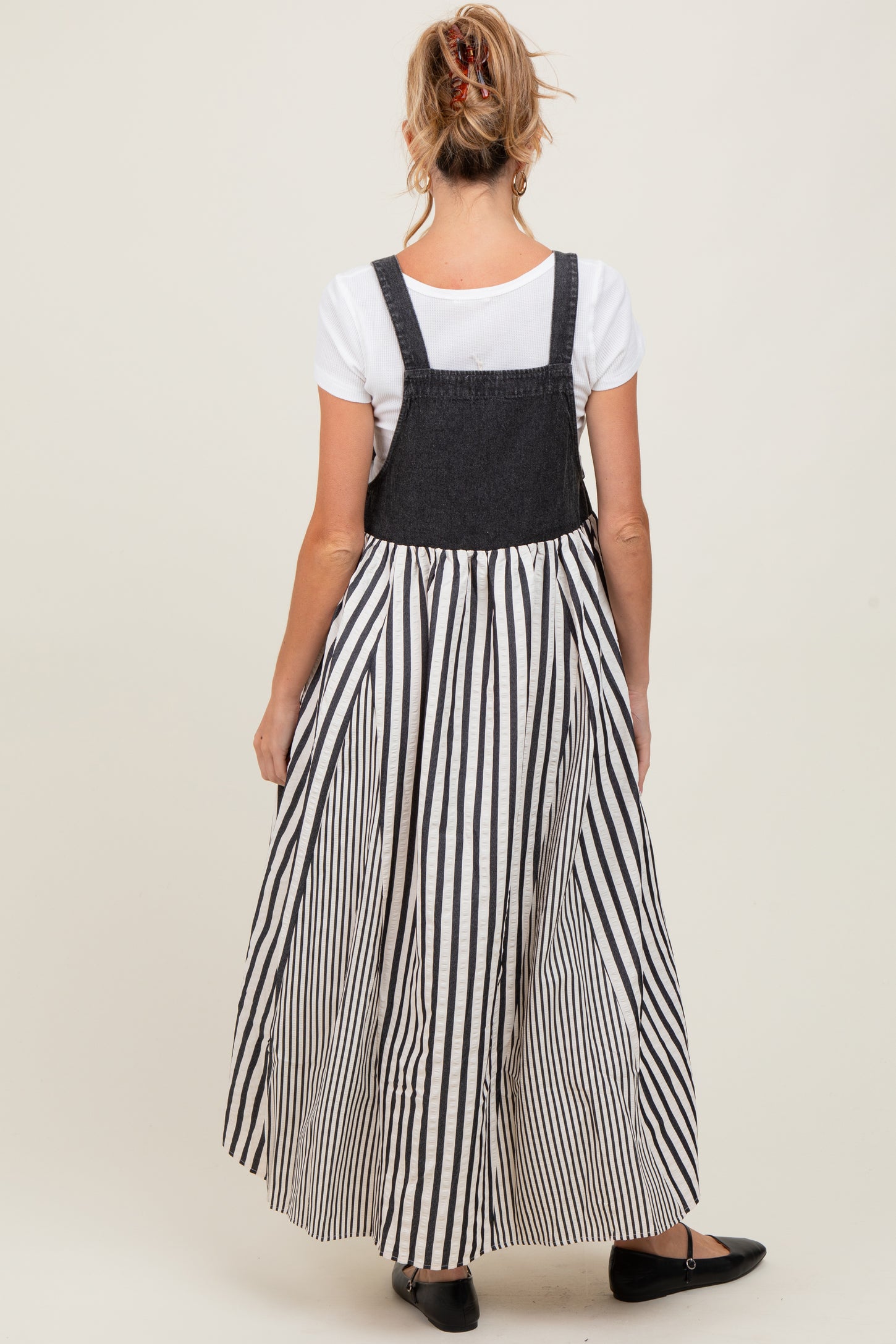 Charcoal Striped Colorblock Denim Contrast Maternity Maxi Dress