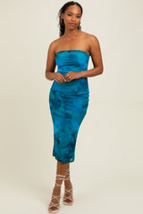 Turquoise Mesh Abstract Print Strapless Maternity Midi Dress