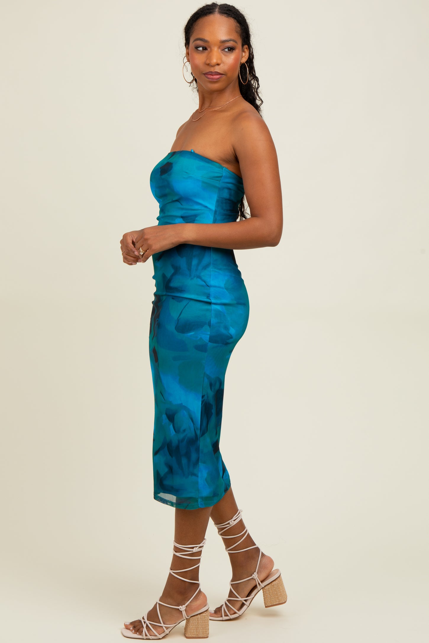 Turquoise Mesh Abstract Print Strapless Midi Dress