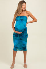 Turquoise Mesh Abstract Print Strapless Maternity Midi Dress