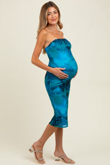Turquoise Mesh Abstract Print Strapless Maternity Midi Dress