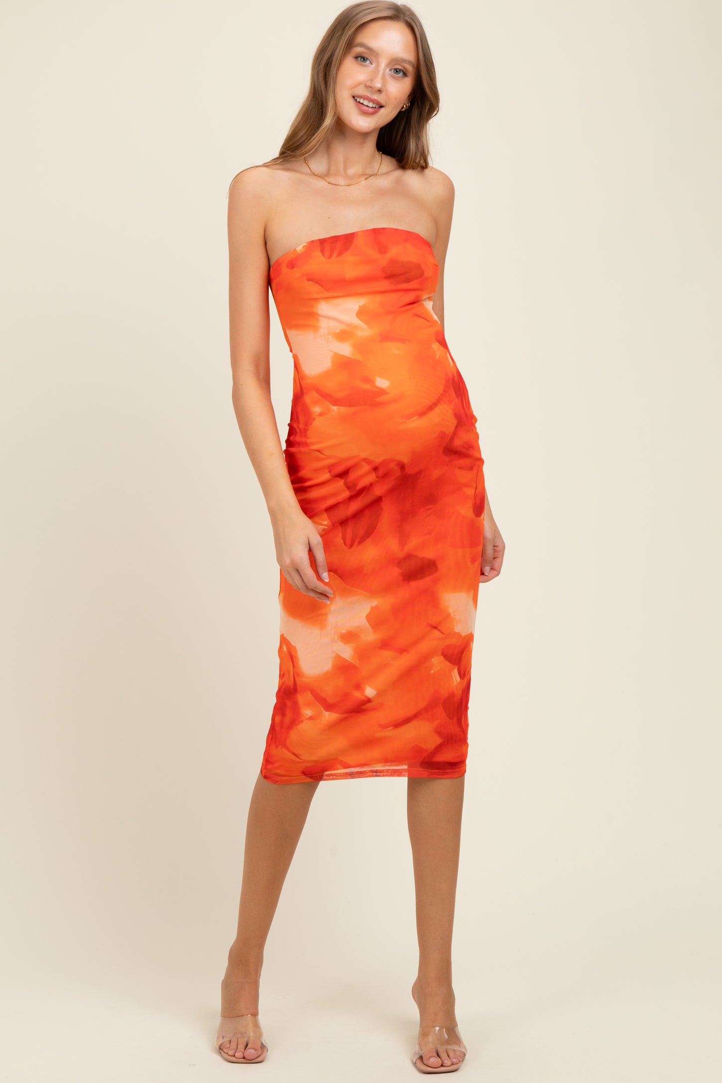 Orange Mesh Abstract Print Strapless Maternity Midi Dress