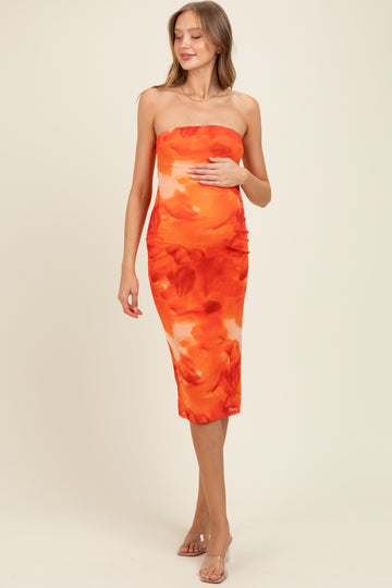 Orange Mesh Abstract Print Strapless Maternity Midi Dress