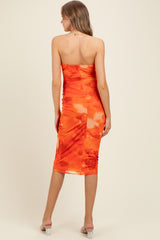 Orange Mesh Abstract Print Strapless Maternity Midi Dress