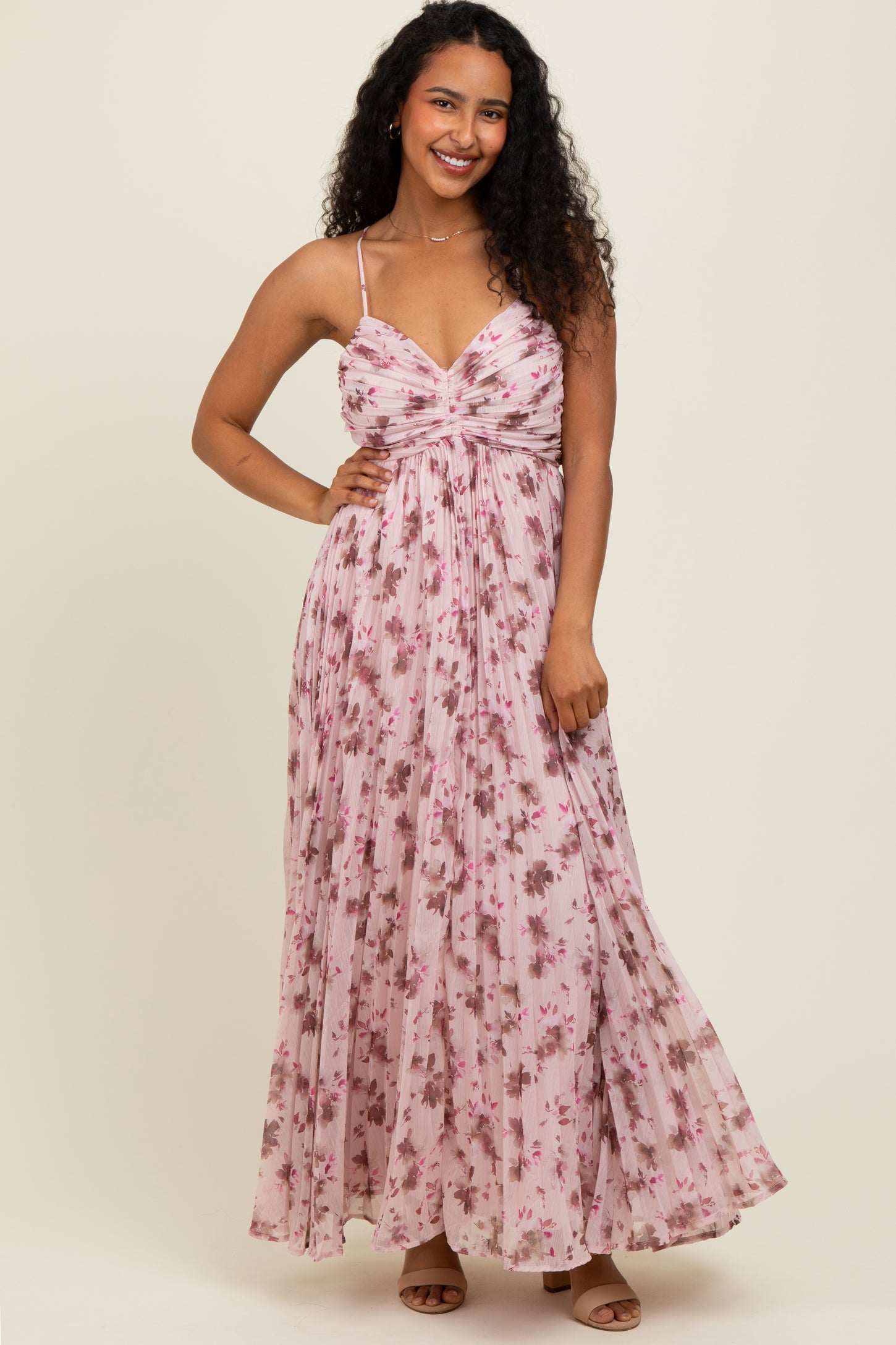 Light Pink Floral Pleated Chiffon Cutout Tie Back Maxi Dress