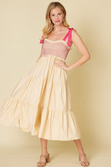 Cream Smocked Contrast Shoulder Tie Maternity Midi Dress