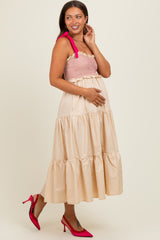 Cream Smocked Contrast Shoulder Tie Maternity Midi Dress