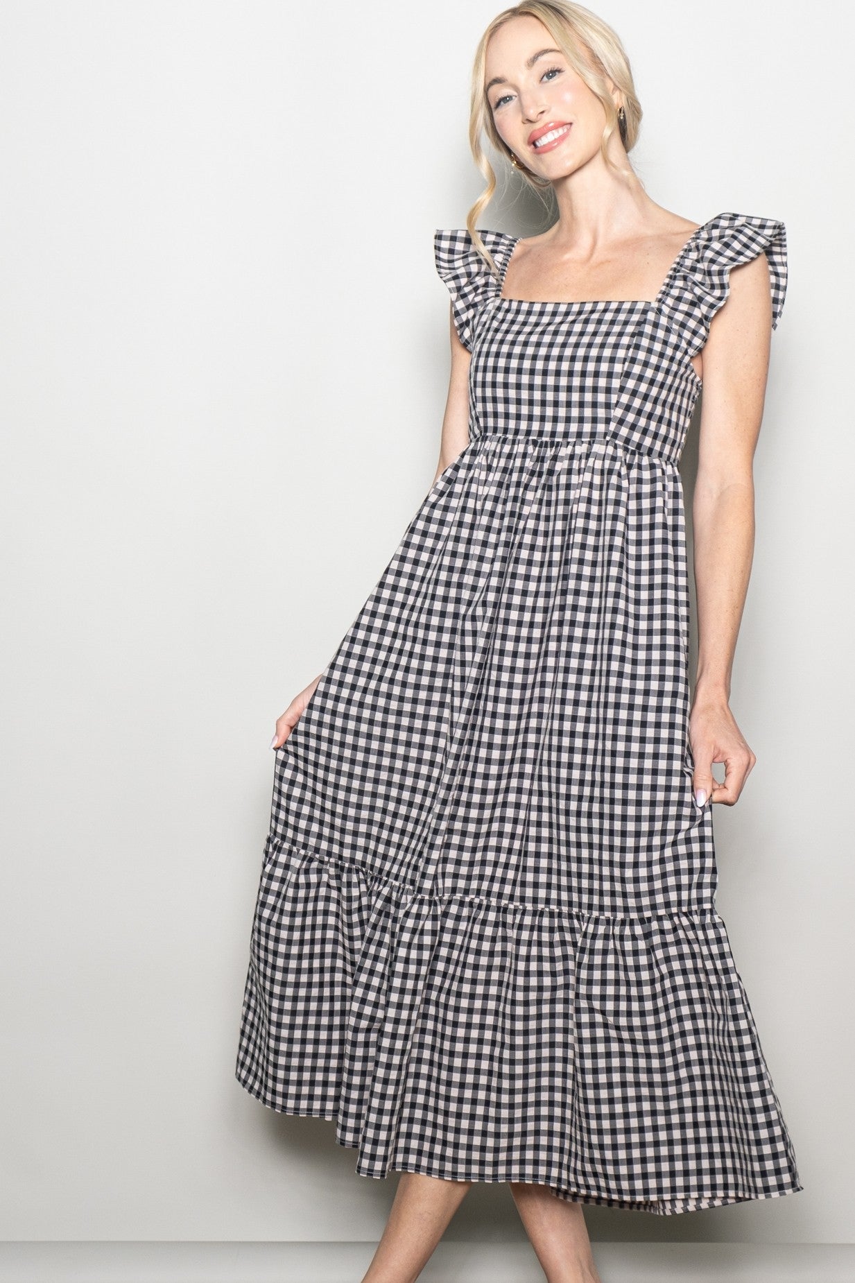 Black Gingham Ruffle Strap Maternity Midi Dress