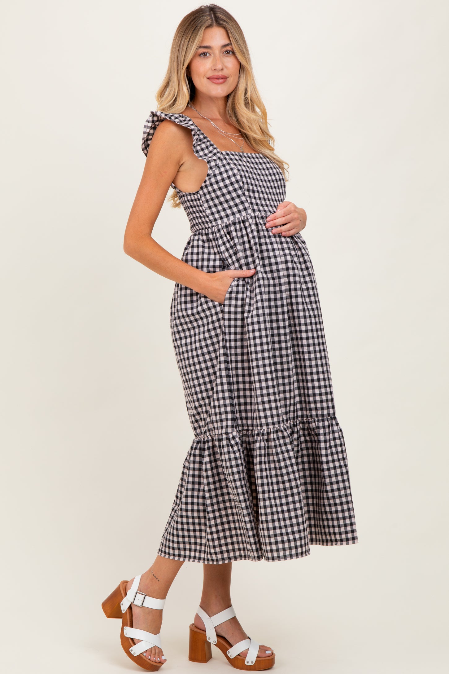 Black Gingham Ruffle Strap Maternity Midi Dress
