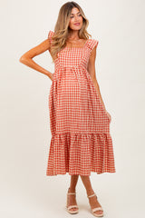 Rust Gingham Ruffle Strap Maternity Midi Dress