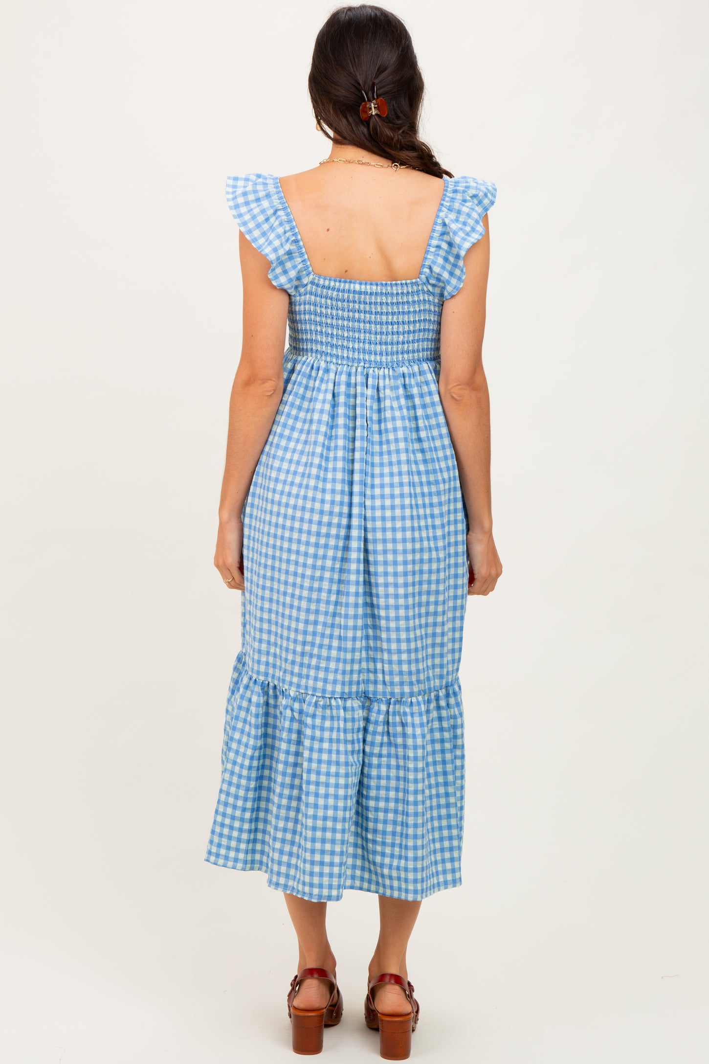 Blue Gingham Ruffle Strap Midi Dress