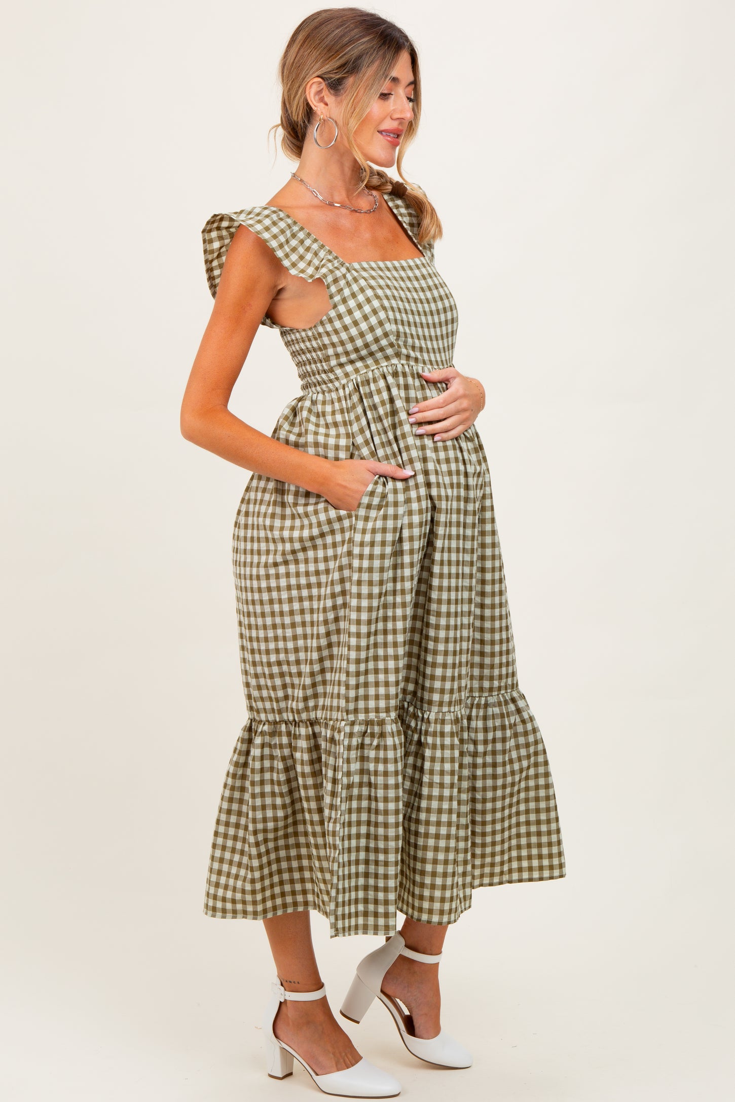 Olive Gingham Ruffle Strap Maternity Midi Dress
