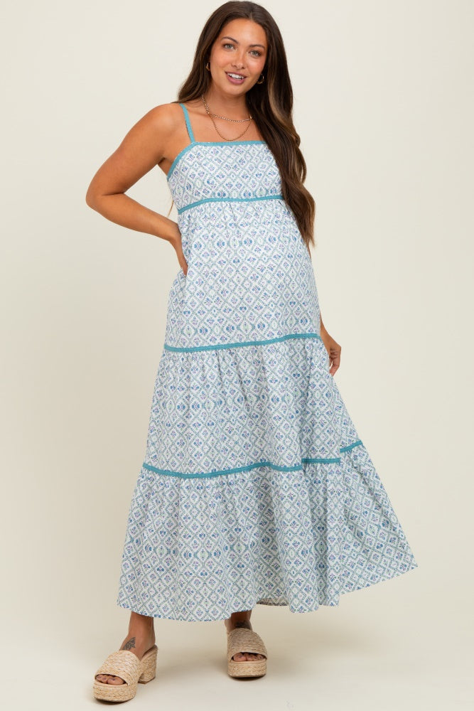 Blue Cotton Floral Maternity Maxi Dress