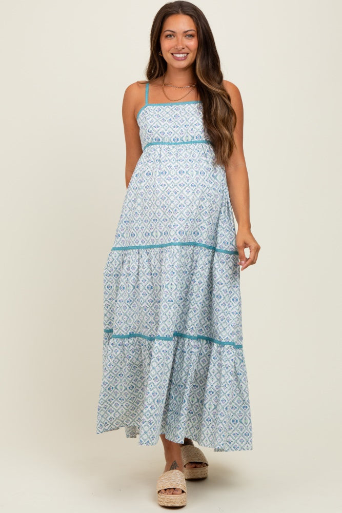 Blue Cotton Floral Maternity Maxi Dress