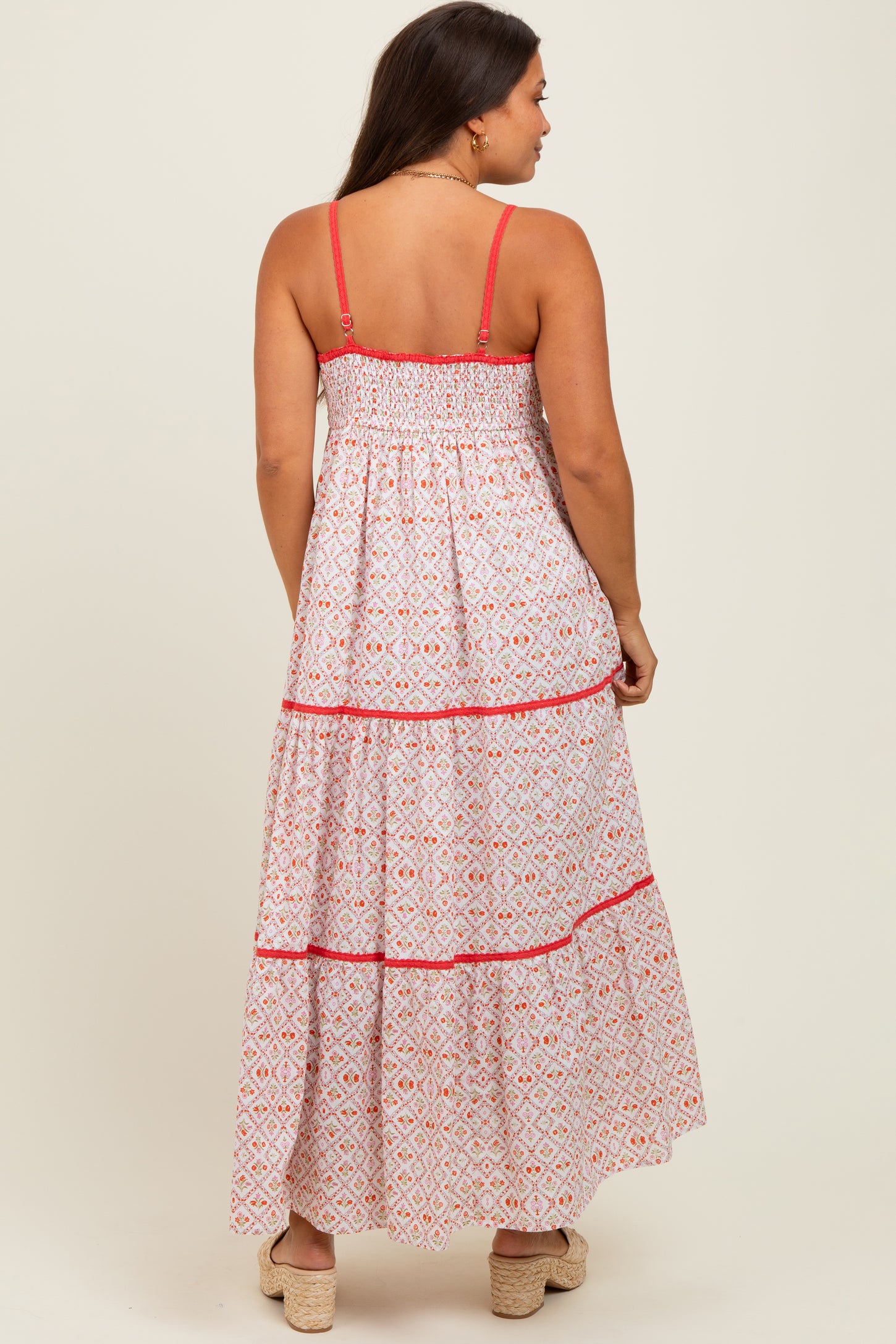 Coral Cotton Floral Maternity Maxi Dress