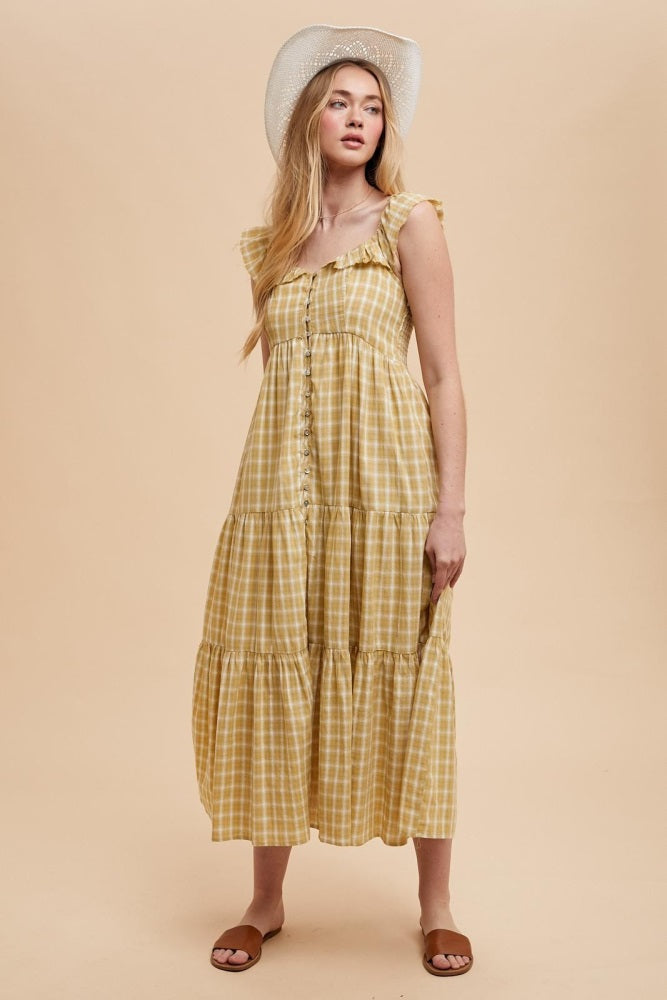 Mustard Cotton Plaid Maxi Dress