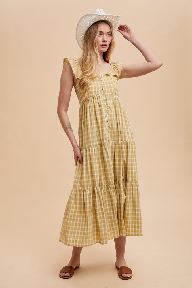 Mustard Cotton Plaid Maxi Dress