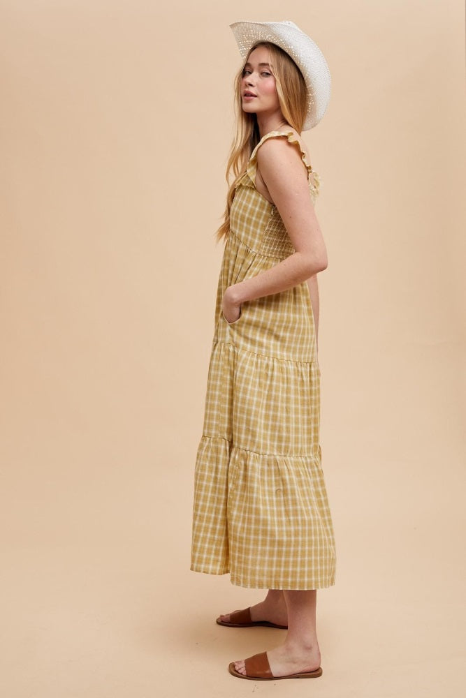 Mustard Cotton Plaid Maxi Dress
