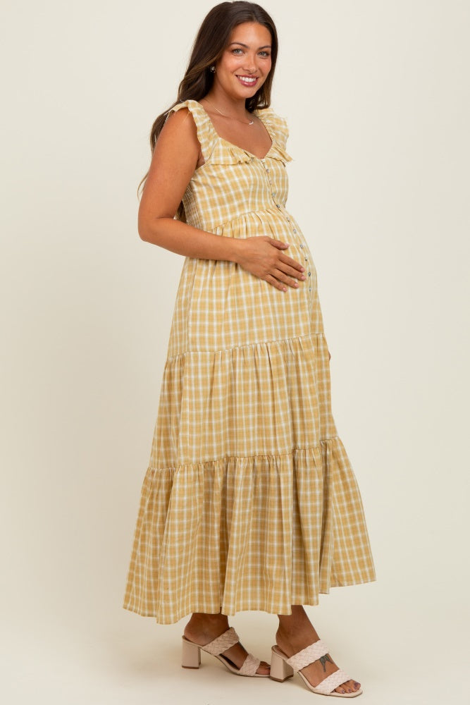 Mustard Cotton Plaid Maternity Maxi Dress