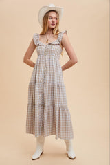 Light Blue Cotton Plaid Maxi Dress