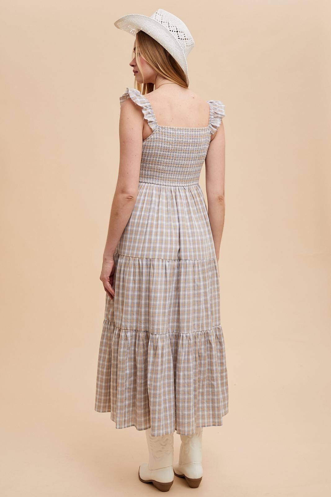 Light Blue Cotton Plaid Maxi Dress