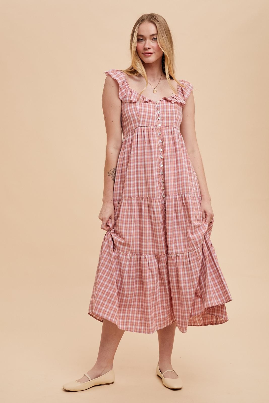 Mauve Cotton Plaid Maxi Dress