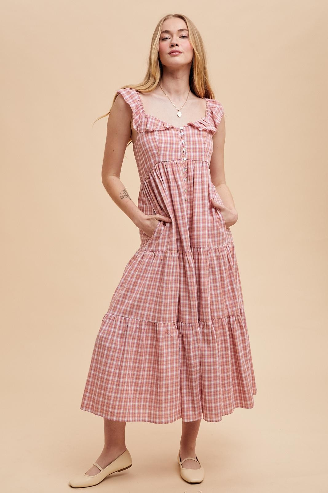 Mauve Cotton Plaid Maxi Dress