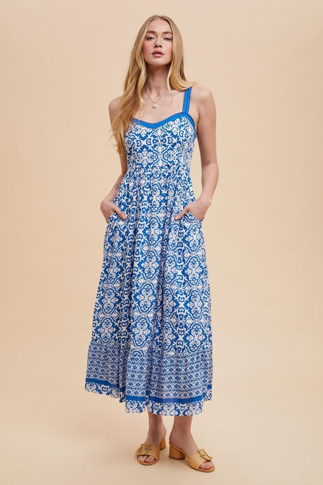 Blue Sleeveless Border Print Maxi Dress