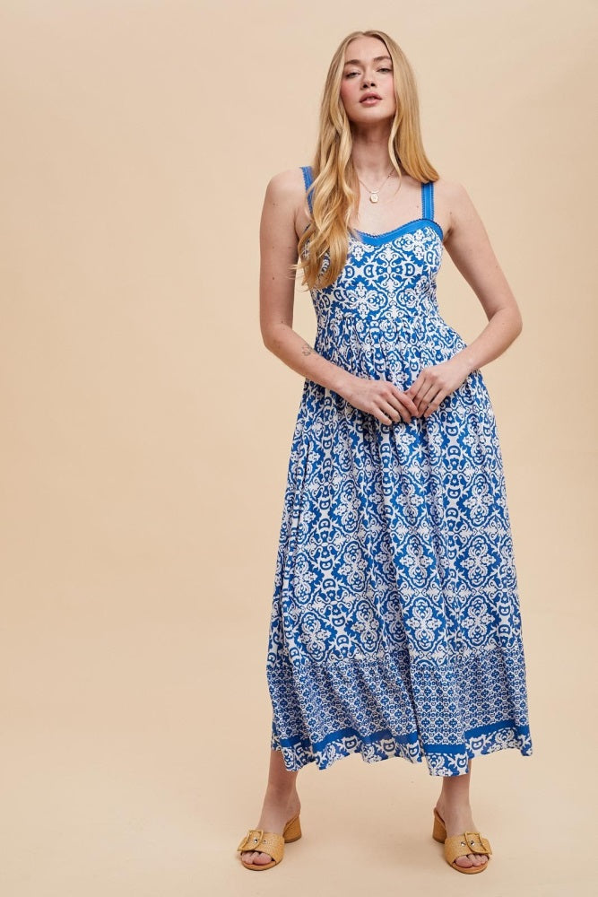 Blue Sleeveless Border Print Maxi Dress