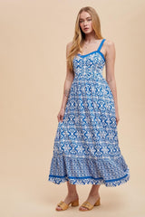 Blue Sleeveless Border Print Maxi Dress