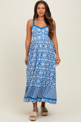 Blue Sleeveless Border Print Maternity Maxi Dress
