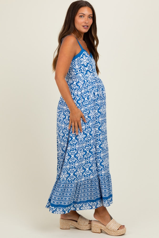 Blue Sleeveless Border Print Maternity Maxi Dress