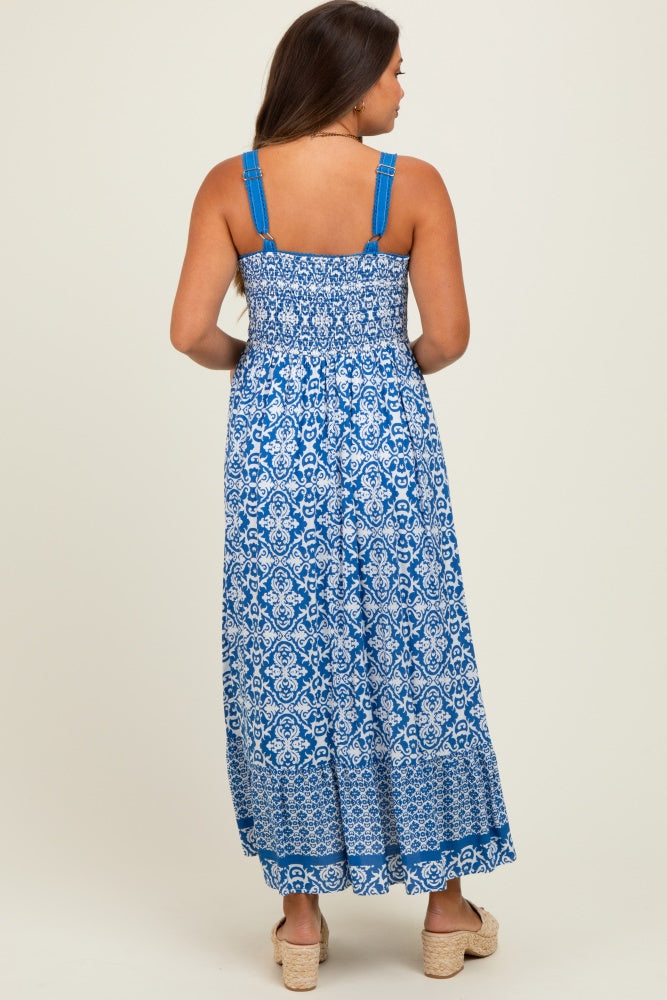 Blue Sleeveless Border Print Maternity Maxi Dress