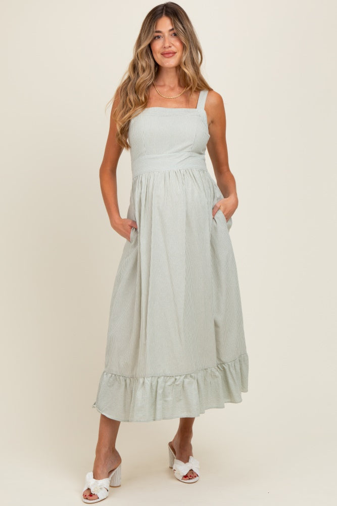 Mint Green Striped Cotton Sleeveless Maternity Dress
