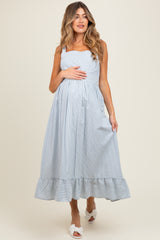 Light Blue Striped Cotton Sleeveless Maternity Dress