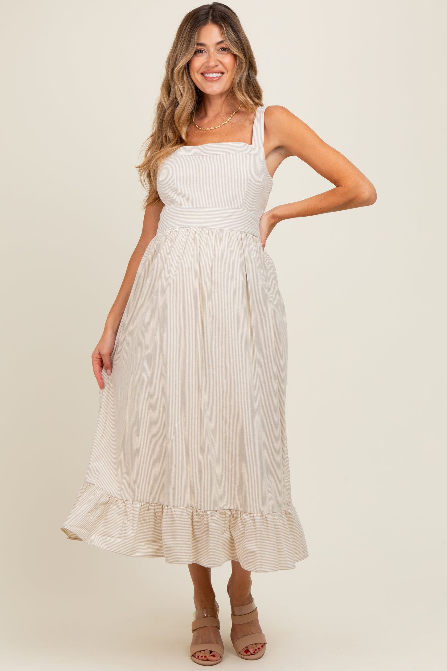 Beige Striped Cotton Sleeveless Maternity Dress