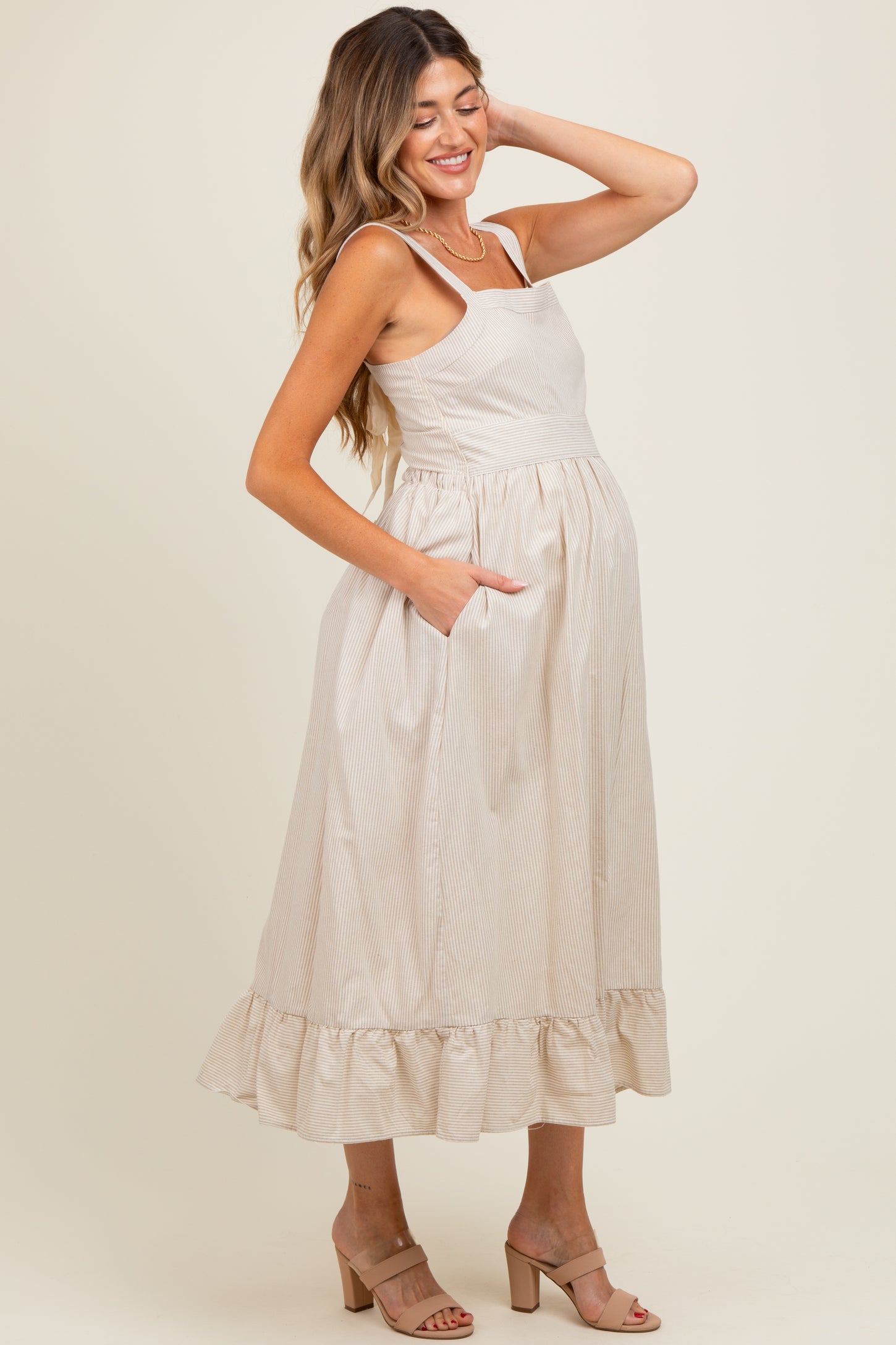 Beige Striped Cotton Sleeveless Maternity Dress