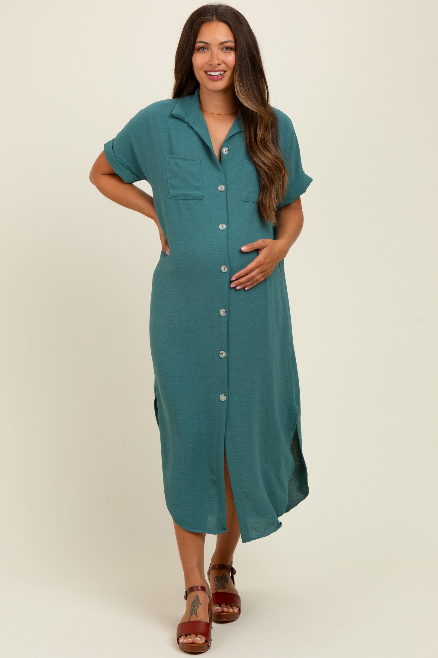 Teal Button Down Hi Low Maternity Maxi Dress