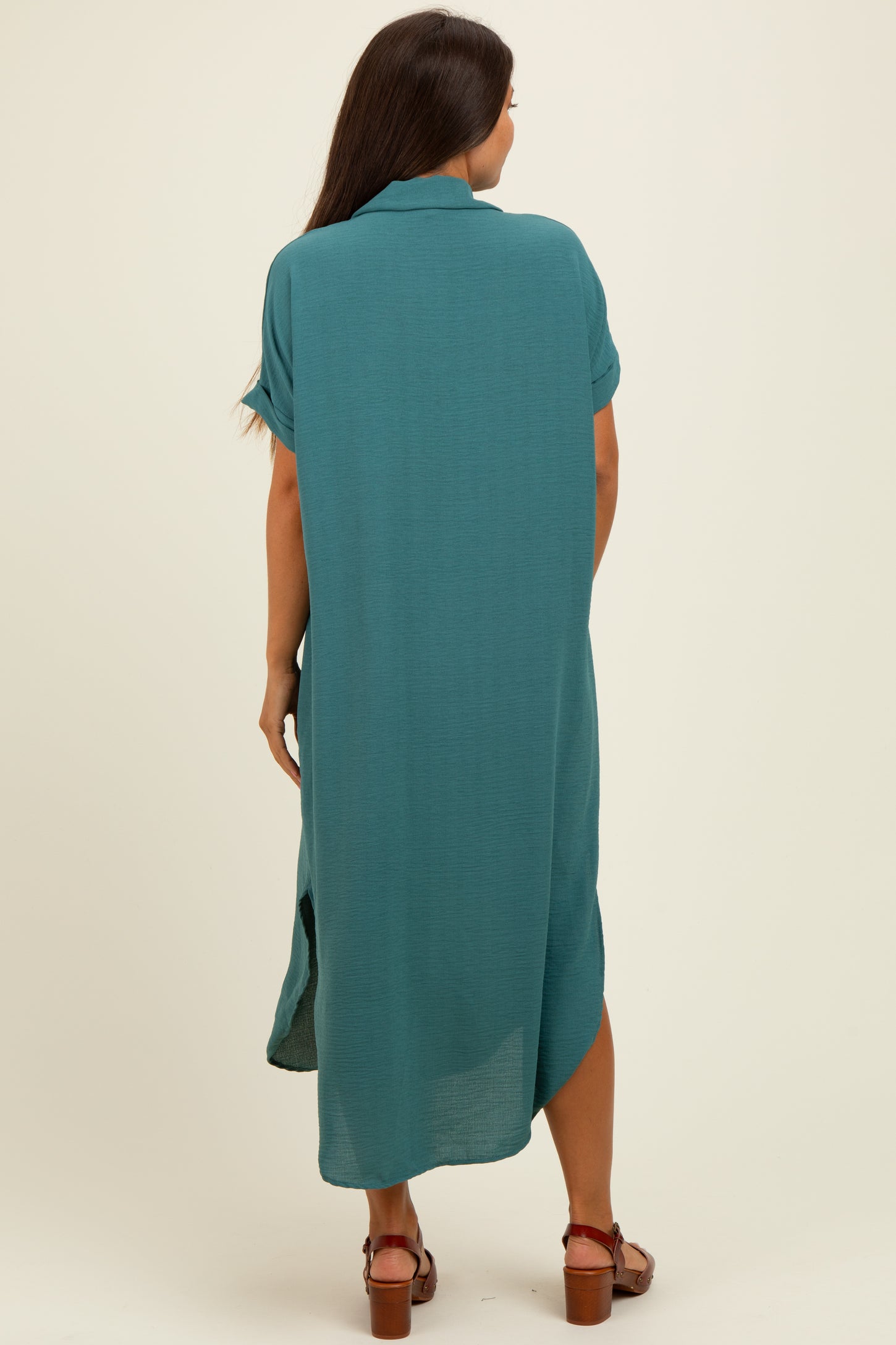 Teal Button Down Hi Low Maternity Maxi Dress