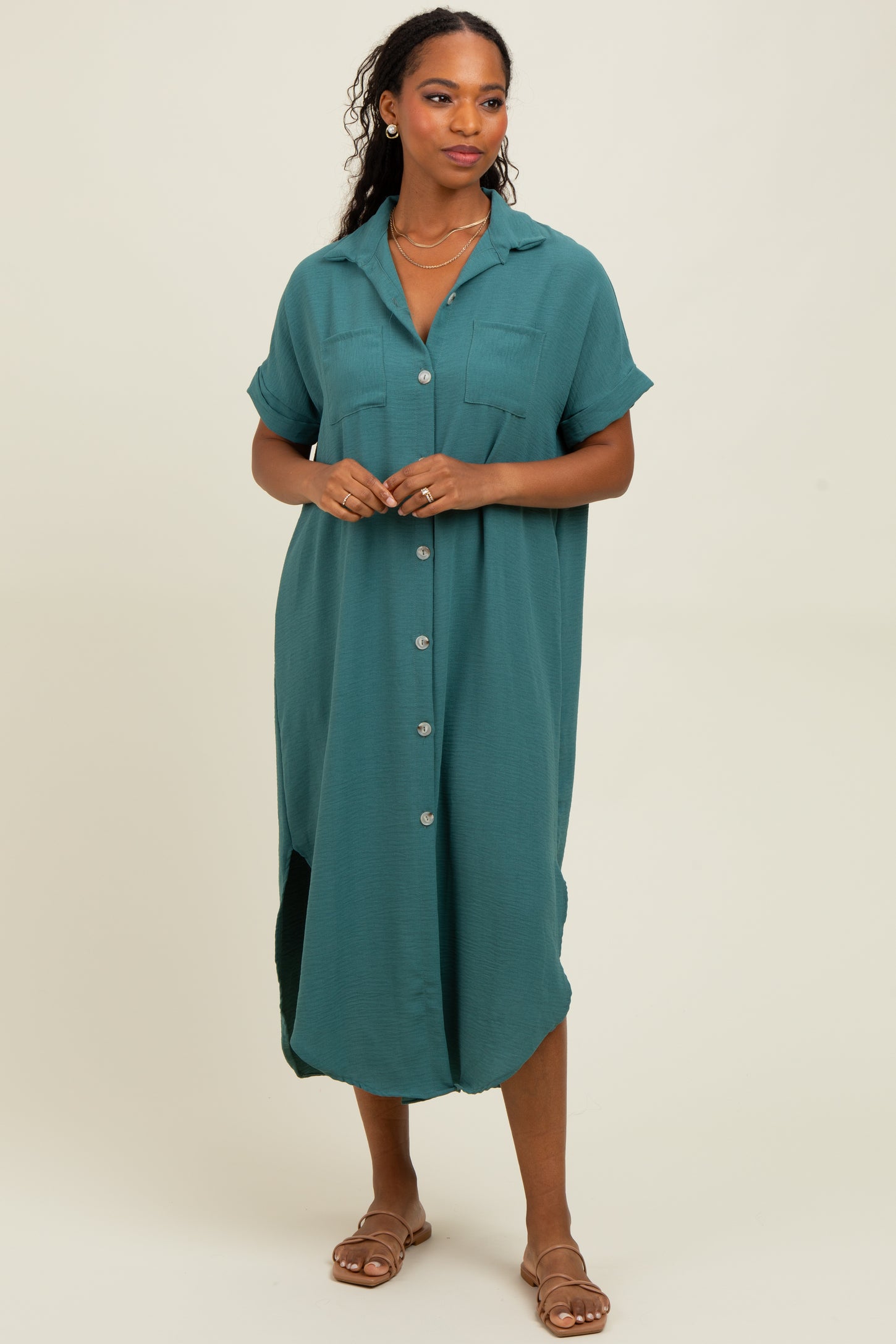 Teal Button Down Hi Low Maternity Maxi Dress