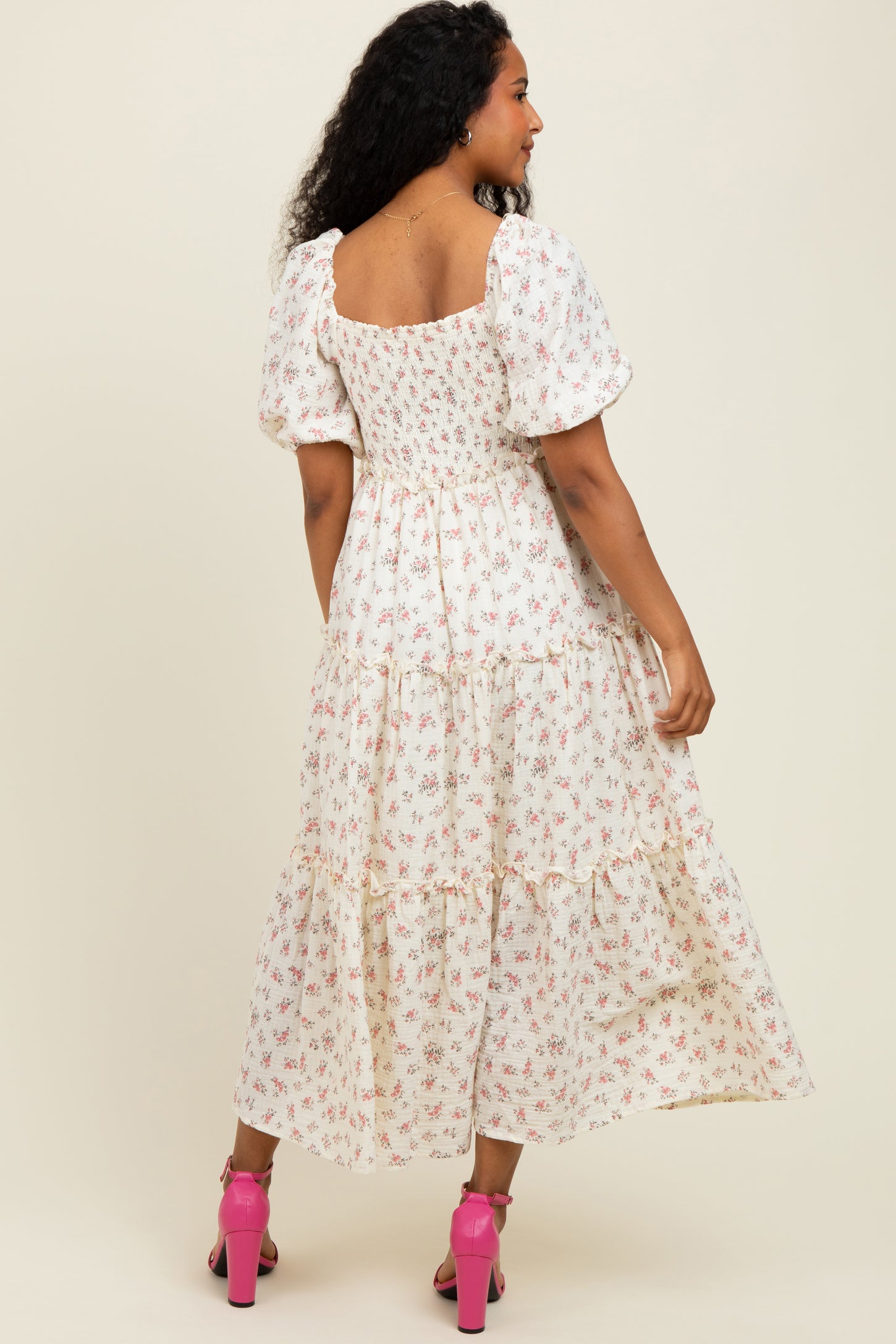 Pink Floral Smocked Ruffle Tiered Maxi Dress