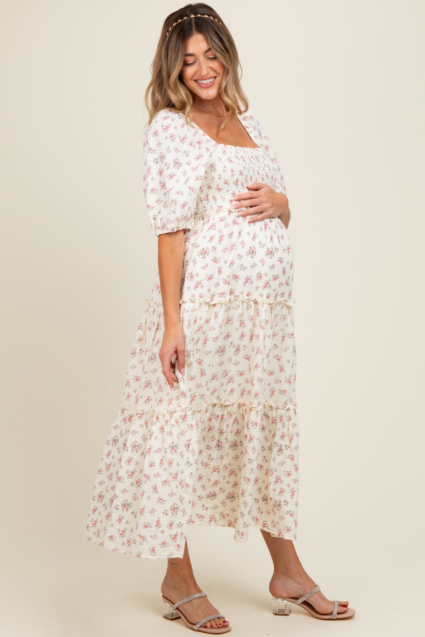Pink Floral Smocked Ruffle Tiered Maternity Maxi Dress