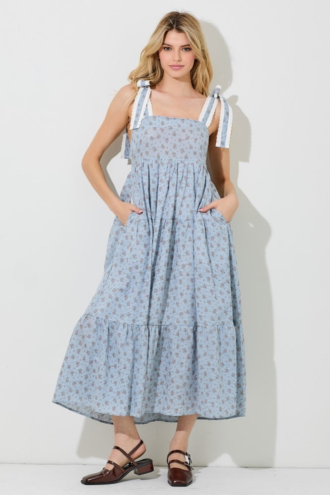 Blue Floral Gingham Shoulder Tie Maternity Midi Dress