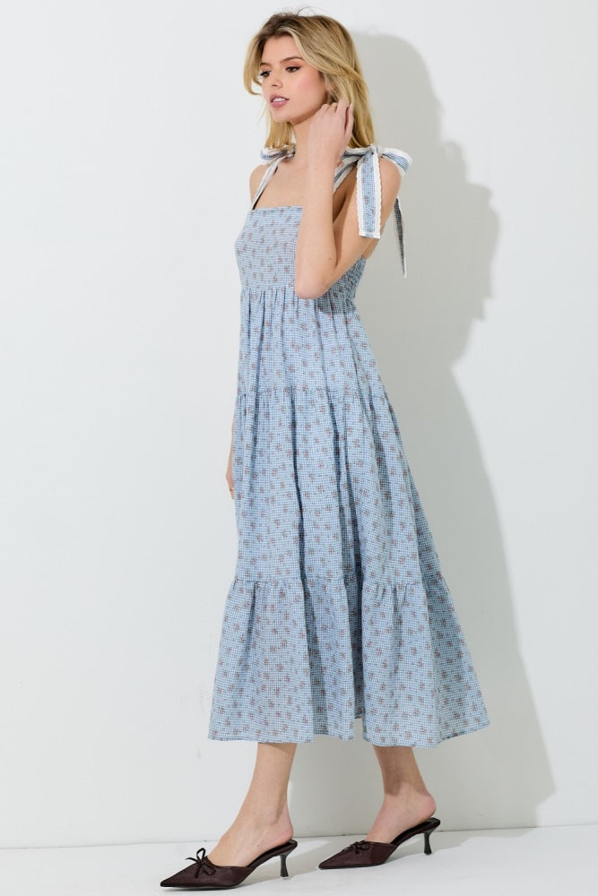Blue Floral Gingham Shoulder Tie Midi Dress