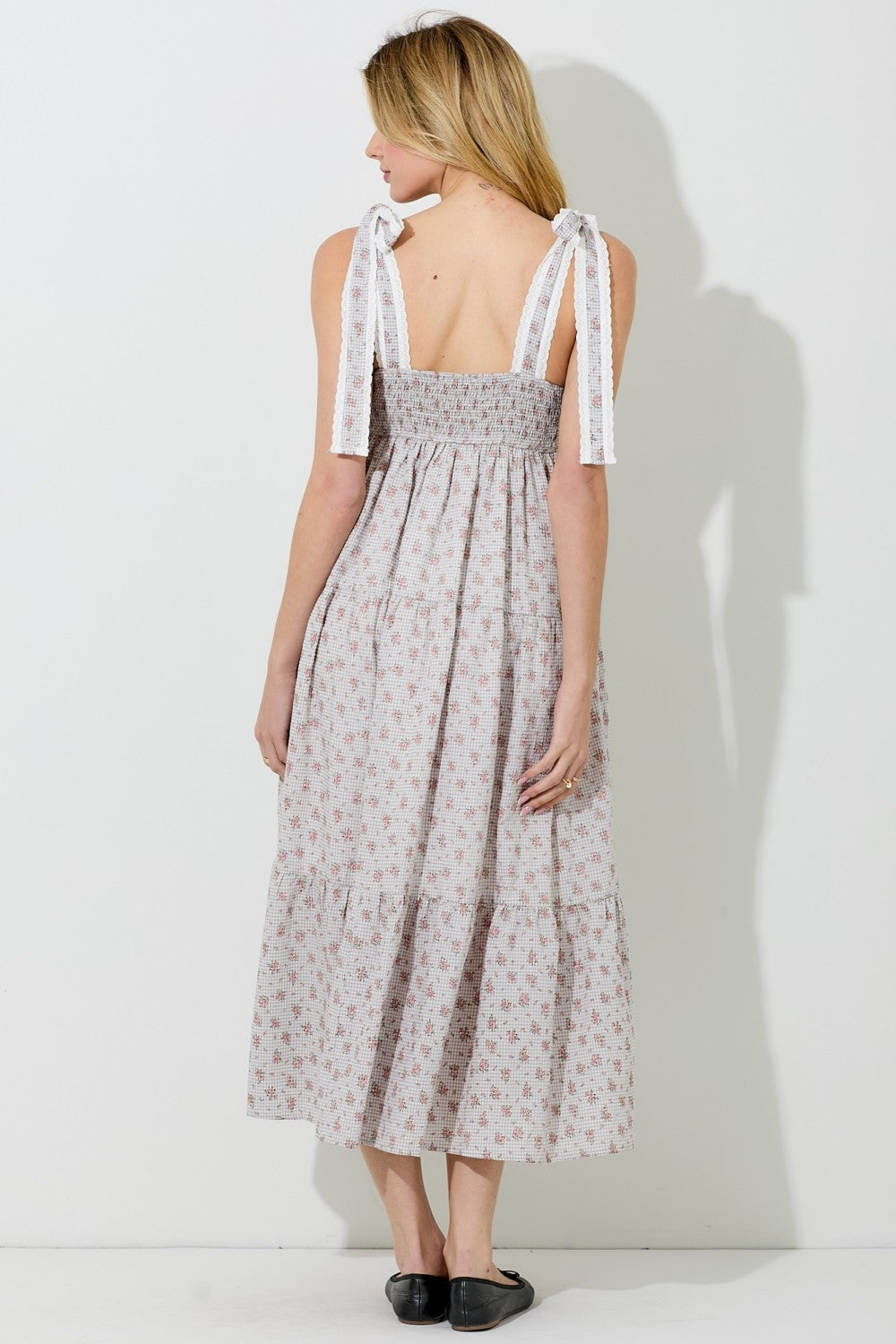 Light Taupe Floral Gingham Shoulder Tie Midi Dress