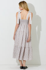Light Taupe Floral Gingham Shoulder Tie Midi Dress