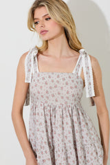 Light Taupe Floral Gingham Shoulder Tie Midi Dress