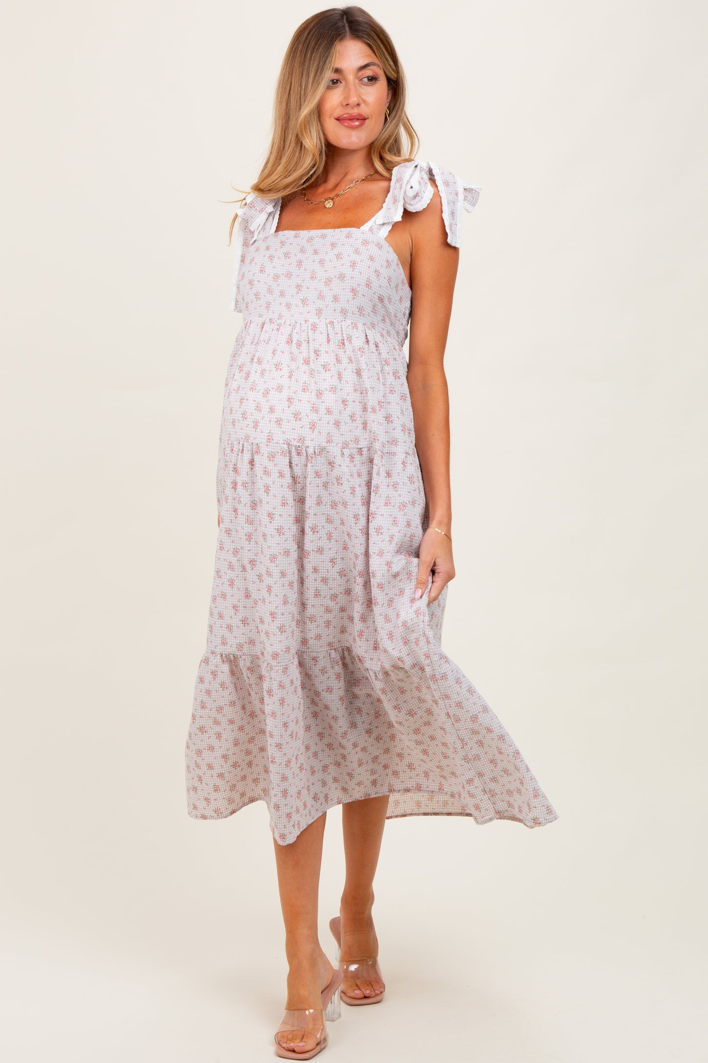 Light Taupe Floral Gingham Shoulder Tie Maternity Midi Dress