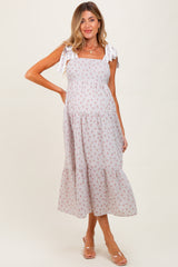 Light Taupe Floral Gingham Shoulder Tie Maternity Midi Dress